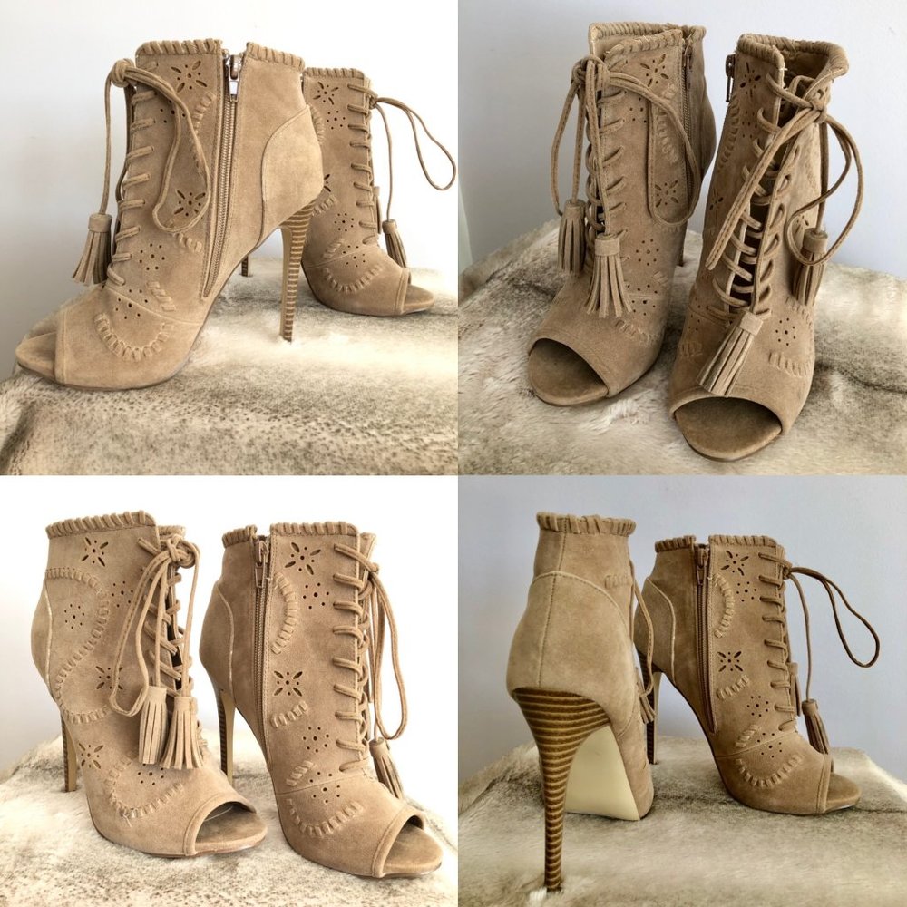 Natural suede lace up peep toe high heels